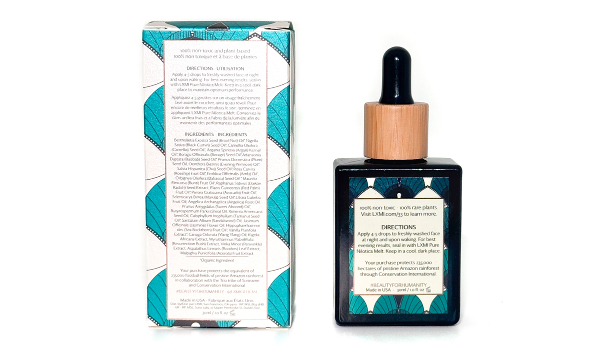 Like liquid gold for the face - LXMI 33 Face Oil. Back of LXMI 33 Face Oil unit carton and bottle.