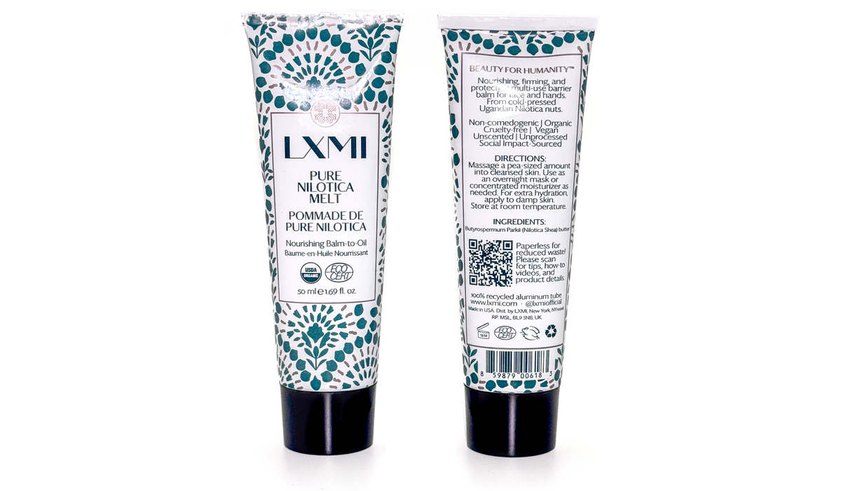 LXMI's barrier balm Pure Nilotica Melt as seen on Oprah. Front and back of tube.