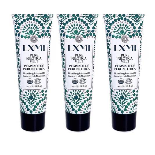 One for your bathroom, one for your purse, one for the whole family with LXMI's Pure Nilotica Melt barrier balm bundle