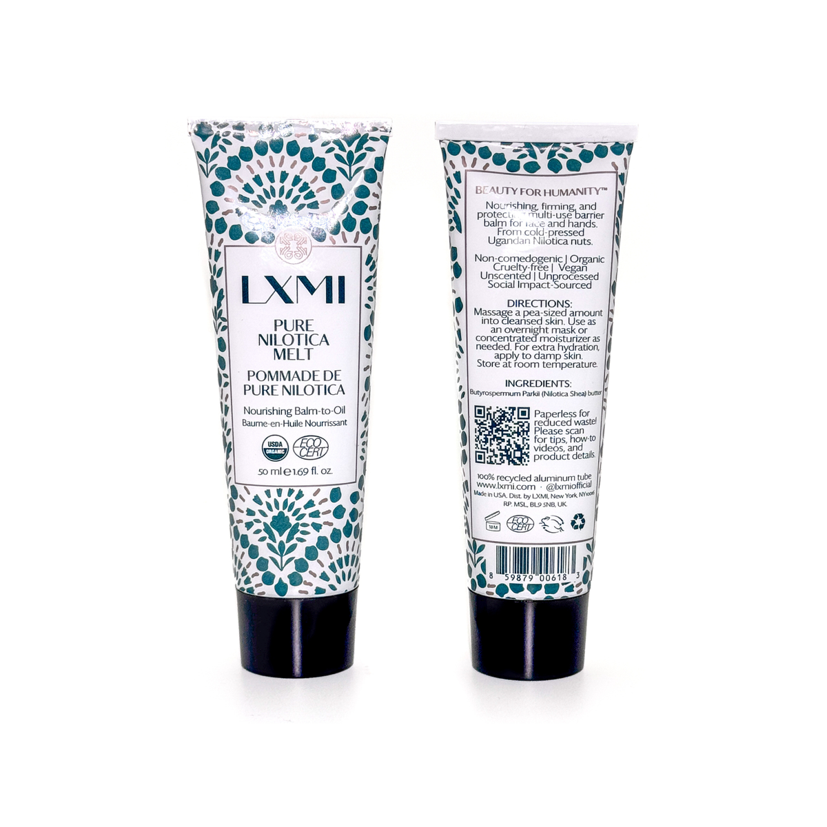 LXMI's barrier balm Pure Nilotica Melt as seen on Oprah. Front and back of tube.