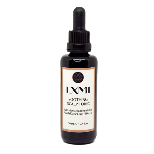 LXMI Scalp Tonic - a reinvigorating scalp serum with organic Moroccan Rose Water, Organic Vanilla Bean Extract, and organic Hibiscus Sabdariffa Extract.