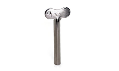 Metallic tool with a cylindrical shaft and wingnut head on a white background