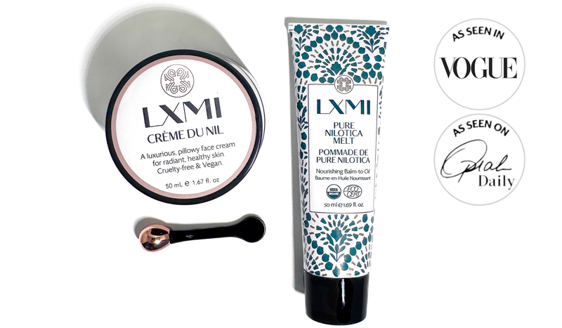 Petal soft skin with LXMI's AM/PM Kit with Crème du Nil daily moisturizer and Pure Nilotica Melt barrier balm