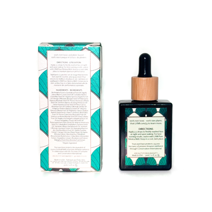 Like liquid gold for the face - LXMI 33 Face Oil. Back of LXMI 33 Face Oil unit carton and bottle.